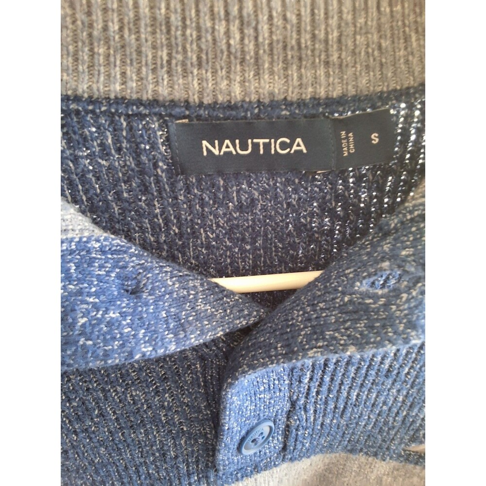 ​Nautica Sweater Blue Grey Colorblock Button Mock Neck Pullover  Mens S - Picture 4 of 8